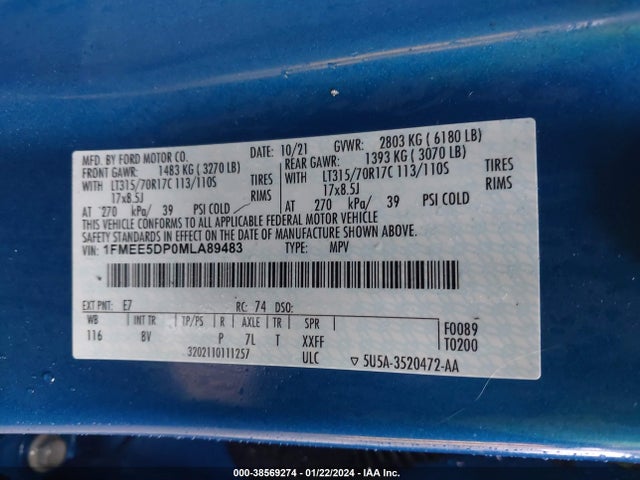 2021 FORD BRONCO BADLANDS VIN: 1FMEE5DP0MLA89483