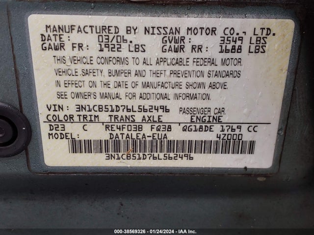 2006 NISSAN SENTRA 1.8S VIN: 3N1CB51D76L562496