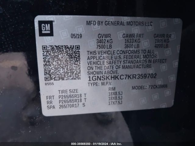 1GNSKHKC7KR359702 Chevrolet Suburban Lt