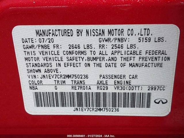 JN1EV7CR2MM750236 Infiniti Q50 Sensory Awd