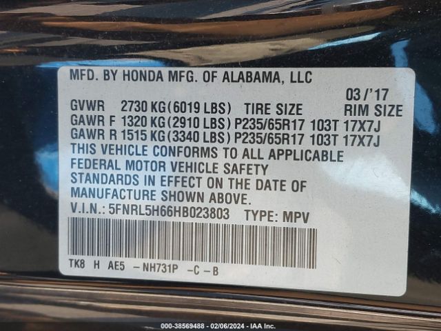 5FNRL5H66HB023803 Honda Odyssey Ex-l
