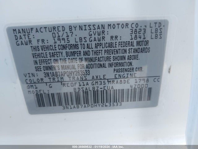 2017 NISSAN SENTRA S VIN: 3N1AB7AP0HY263533