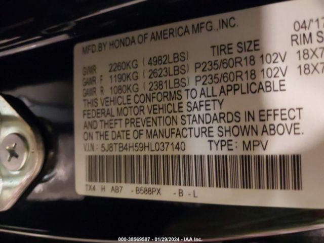 5J8TB4H59HL037140 Acura Rdx Technology Pkg/w/technology/acurawatch Plus Pkg