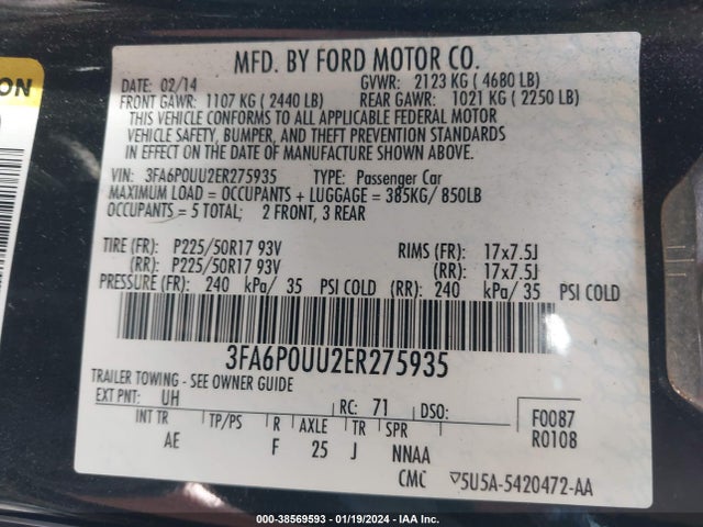 Ford Fusion Hybrid S 2014 3FA6P0UU2ER275935 Image 9