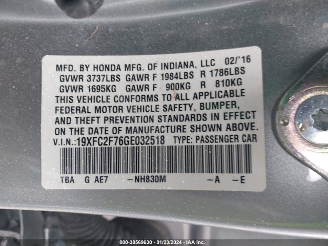 Honda CIVIC EX 2016 19XFC2F76GE032518 Image 9