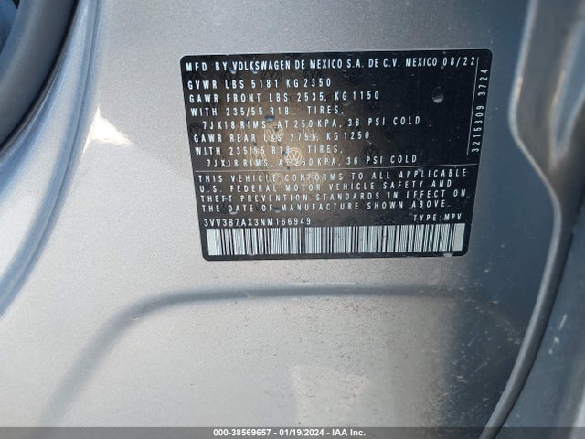 3VV3B7AX3NM166949 Volkswagen Tiguan 2.0t Se