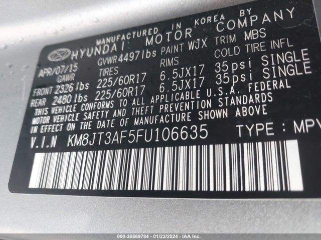 2015 HYUNDAI TUCSON GLS VIN: KM8JT3AF5FU106635