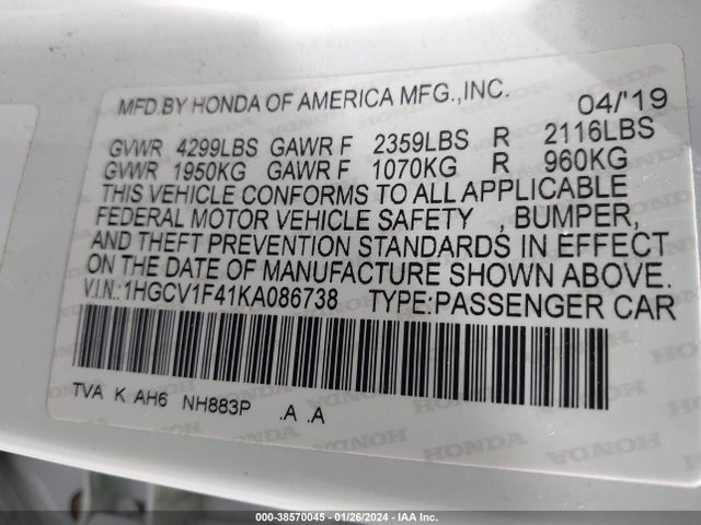 Honda ACCORD EX 2019 1HGCV1F41KA086738 Image 9