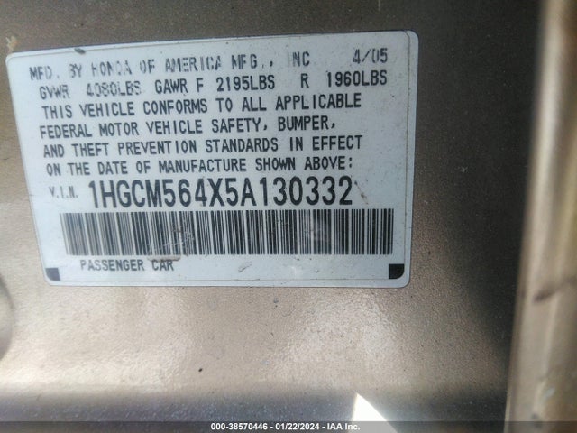 2005 HONDA ACCORD 2.4 LX VIN: 1HGCM564X5A130332