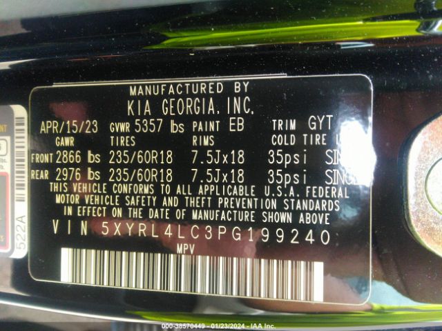 5XYRL4LC3PG199240 KIA SORENTO S