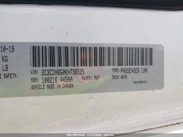 2C3CDXBG0KH736525 Dodge Charger Sxt Rwd