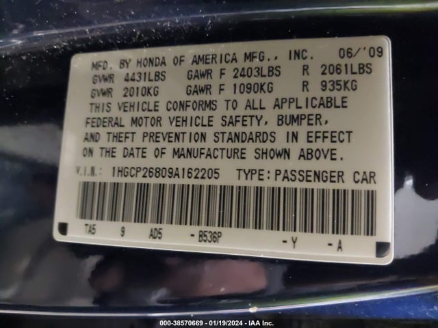 2009 HONDA ACCORD 2.4 EX-L VIN: 1HGCP26809A162205