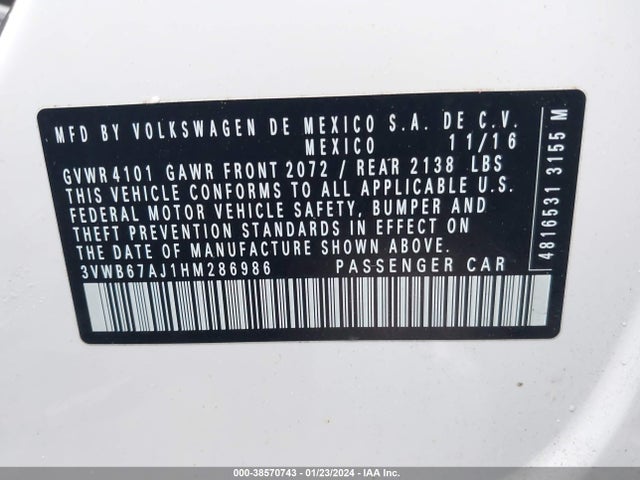 2017 VOLKSWAGEN JETTA 1.4T SE VIN: 3VWB67AJ1HM286986