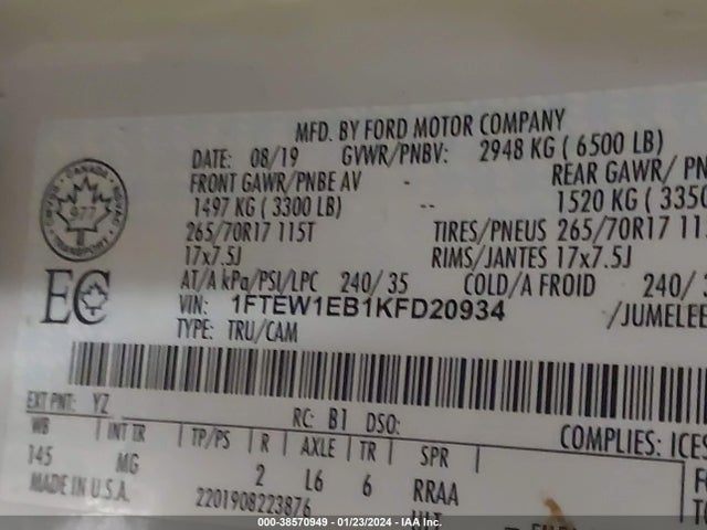 2019 FORD F-150 XLT VIN: 1FTEW1EB1KFD20934