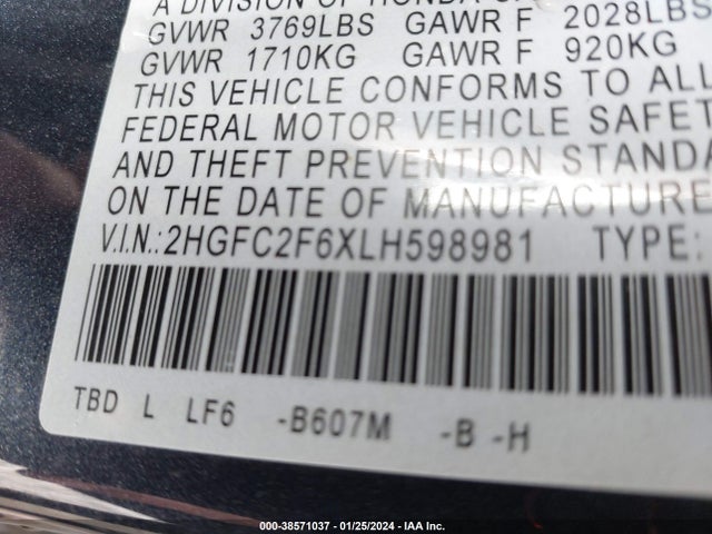 Honda Civic Lx 2020 2HGFC2F6XLH598981 Image 9