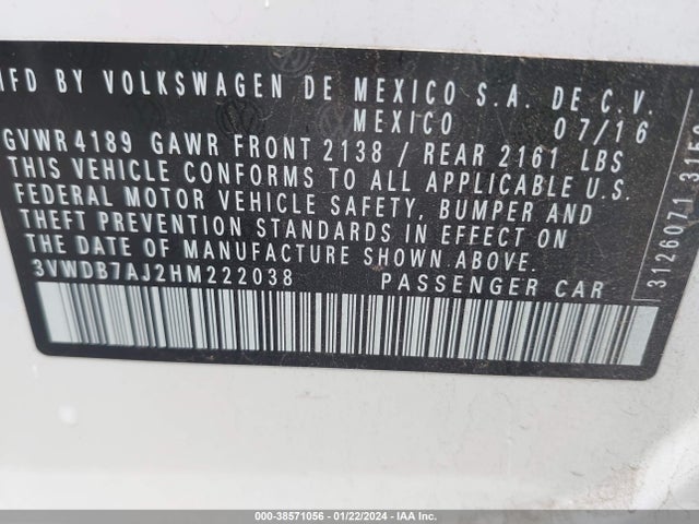 3VWDB7AJ2HM222038 Volkswagen Jetta 1.4t Se