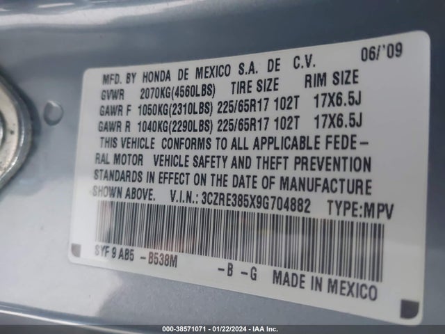 2009 HONDA CR-V EX VIN: 3CZRE385X9G704882