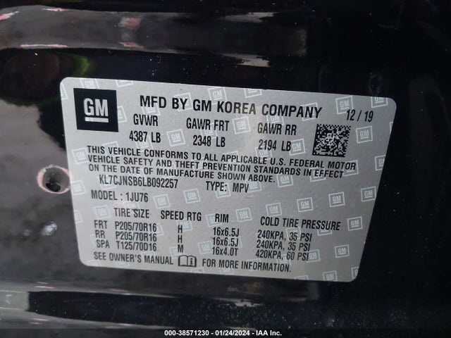 Chevrolet Trax Awd Ls 2020 KL7CJNSB6LB092257 Image 9