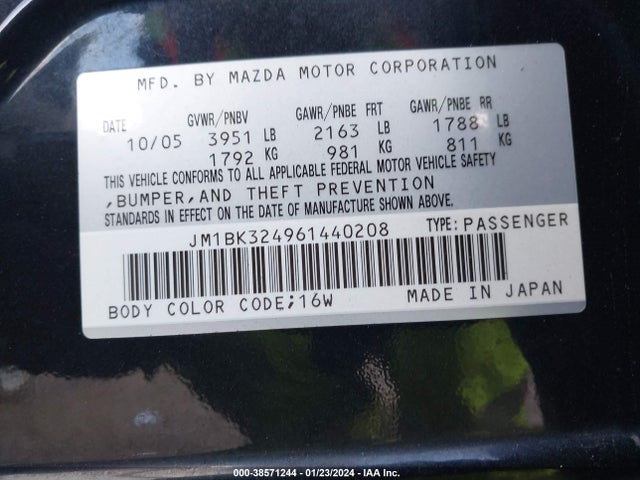 2006 MAZDA MAZDA3 S TOURING VIN: JM1BK324961440208