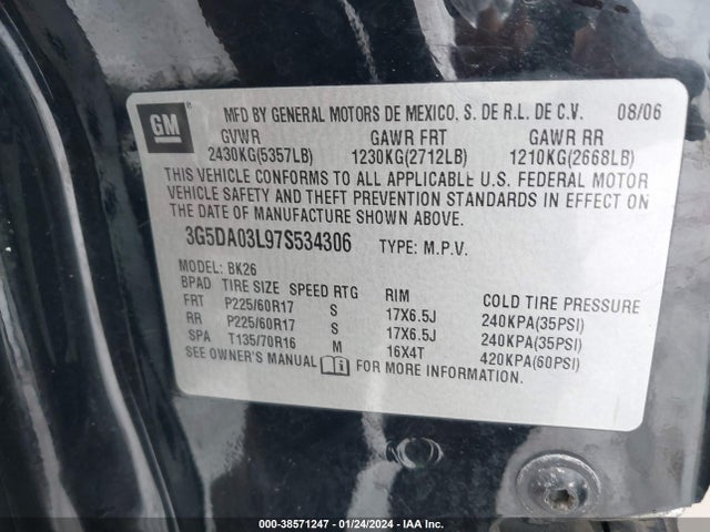 2007 BUICK RENDEZVOUS CXL VIN: 3G5DA03L97S534306