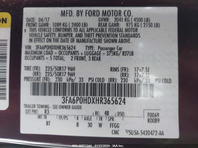 Ford FUSION SE 2017 3FA6P0HDXHR365624 Image 9