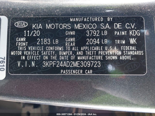 2021 KIA FORTE LXS VIN: 3KPF24AD2ME309723