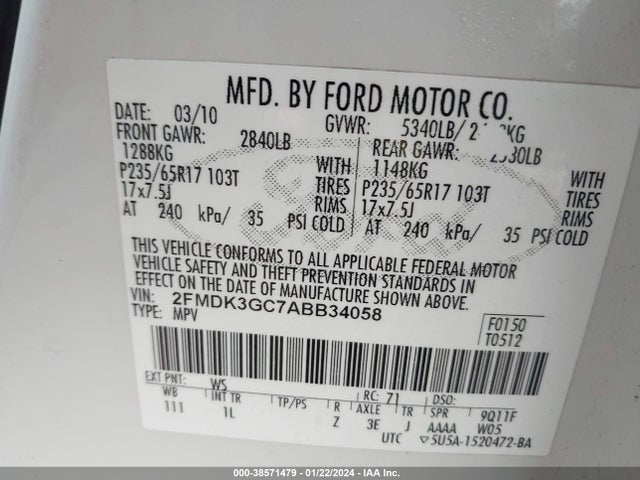2010 FORD EDGE SE VIN: 2FMDK3GC7ABB34058