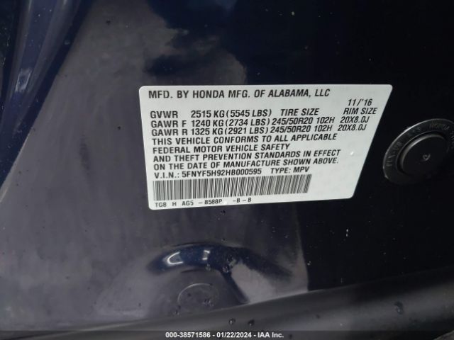 5FNYF5H92HB000595 Honda Pilot Touring