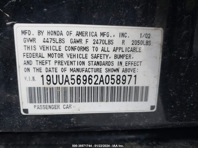 2002 ACURA TL TYPE S W/NAVIGATION VIN: 19UUA56962A058971