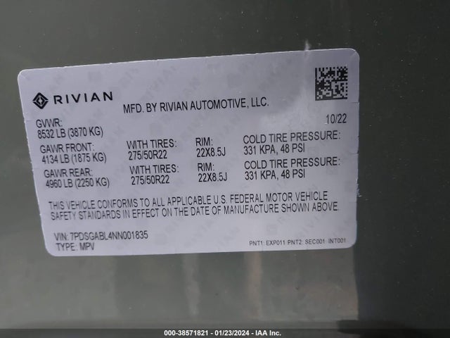 Rivian R1s Launch Edition 2022 7PDSGABL4NN001835 Image 8