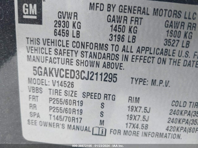 2012 BUICK ENCLAVE LEATHER VIN: 5GAKVCED3CJ211295