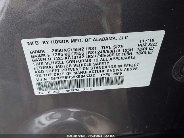 Honda Pilot Ex-l 2019 5FNYF6H55KB045332 Image 9