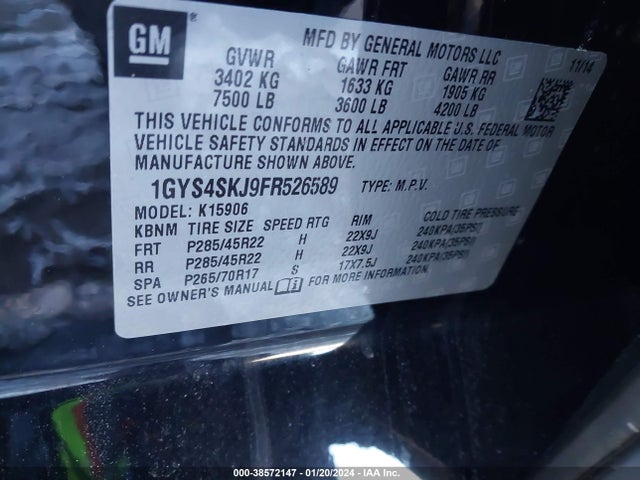 1GYS4SKJ9FR526589 Cadillac Escalade Esv Luxury