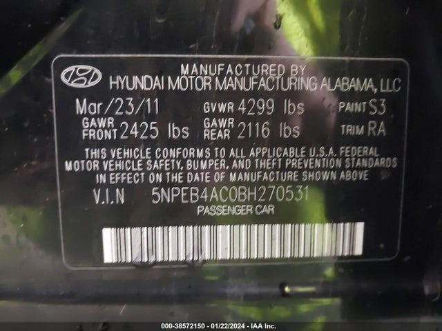 2011 HYUNDAI SONATA GLS VIN: 5NPEB4AC0BH270531
