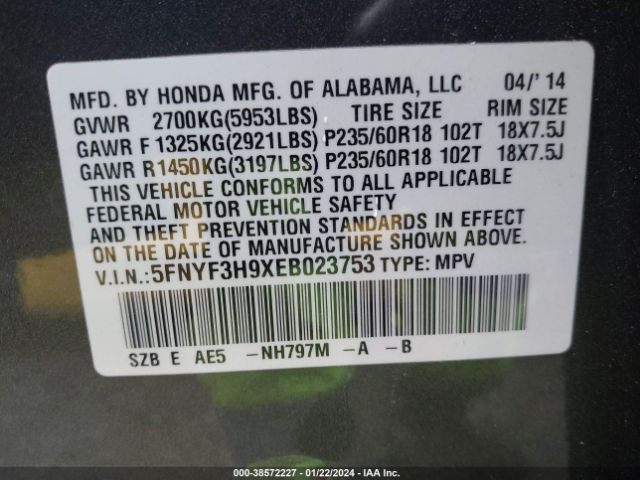 5FNYF3H9XEB023753 Honda Pilot Touring