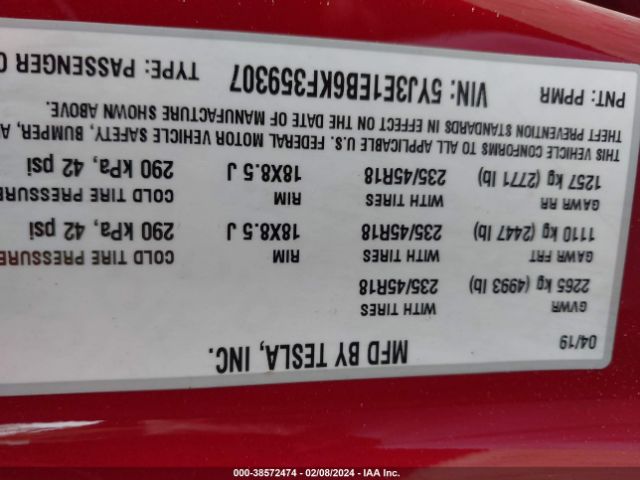 5YJ3E1EB6KF359307 Tesla Model 3 Long Range/performance