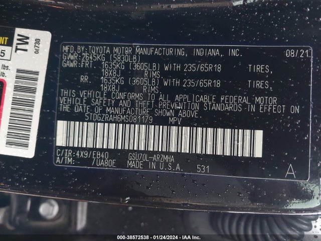 Toyota Highlander Xle 2021 5TDGZRAH6MS081179 Image 9