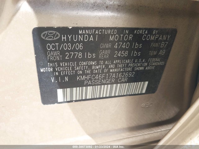 2007 HYUNDAI AZERA LIMITED/SE VIN: KMHFC46F17A162692