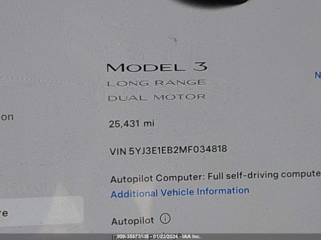 5YJ3E1EB2MF034818 Tesla Model 3 Long Range Dual Motor All-wheel Drive