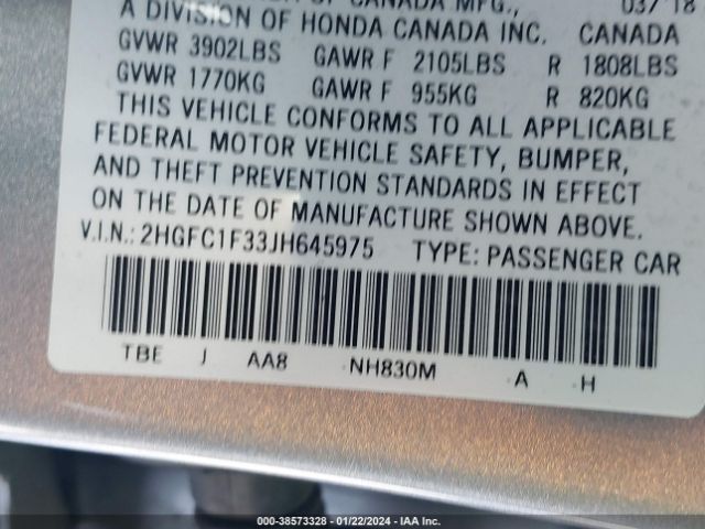 2HGFC1F33JH645975 Honda Civic Ex-t