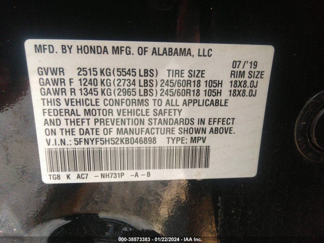 Honda Pilot Ex-l 2019 5FNYF5H52KB046898 Image 9