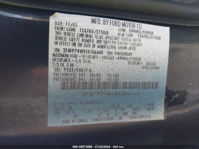 2003 FORD CROWN VICTORIA LX VIN: 2FAFP74WX3X166468