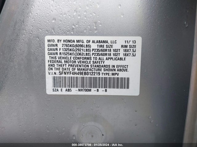 Honda Pilot Ex 2014 5FNYF4H49EB012219 Image 9