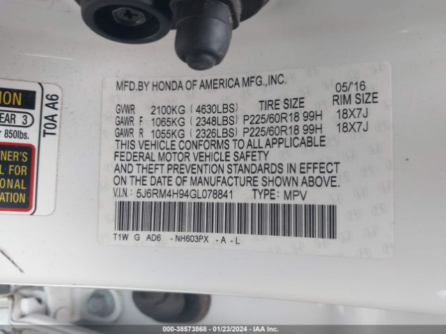 5J6RM4H94GL078841 Honda Cr-v Touring