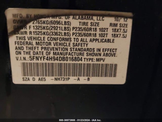 2013 HONDA PILOT TOURING VIN: 5FNYF4H94DB016804