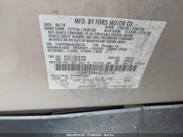 Ford TAURUS SE 2018 1FAHP2D86JG133130 Image 9
