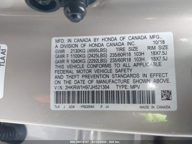 2HKRW1H97JH521364 Honda Cr-v Touring