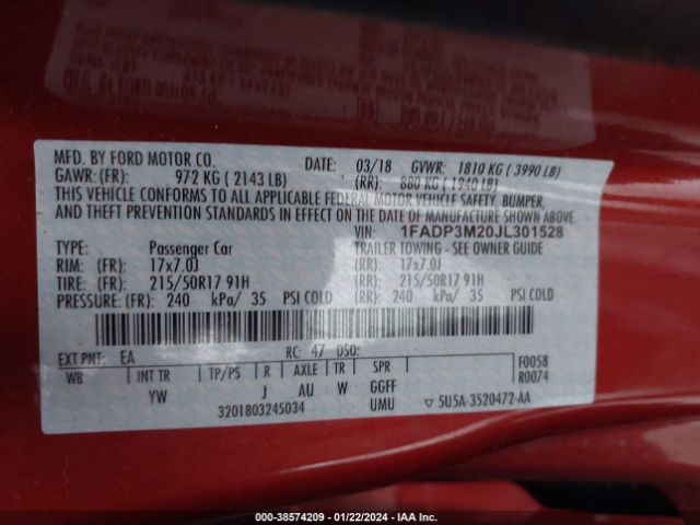 1FADP3M20JL301528 Ford FOCUS SEL