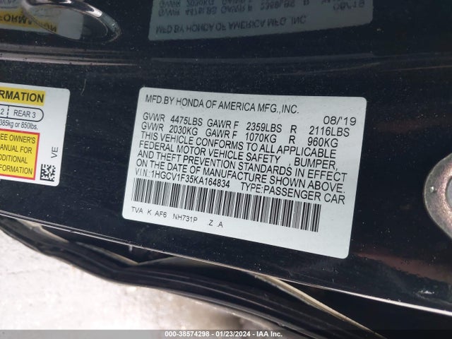 2019 HONDA ACCORD SPORT VIN: 1HGCV1F35KA164834