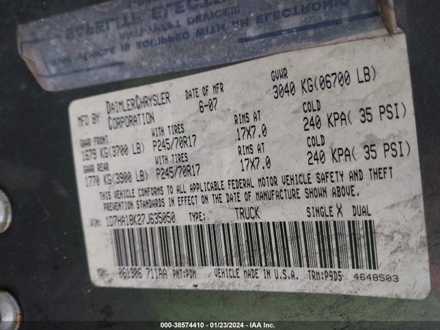 2007 DODGE RAM 1500 ST VIN: 1D7HA18K27J635050